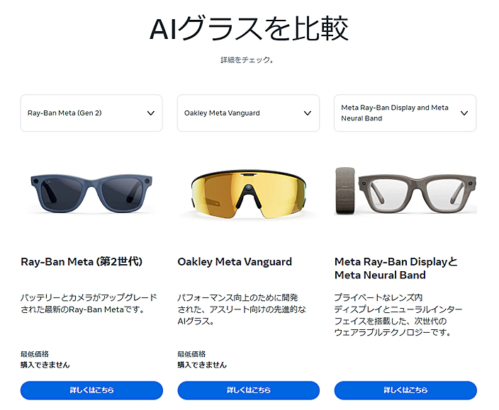 MetaのAIグラス比較ページ